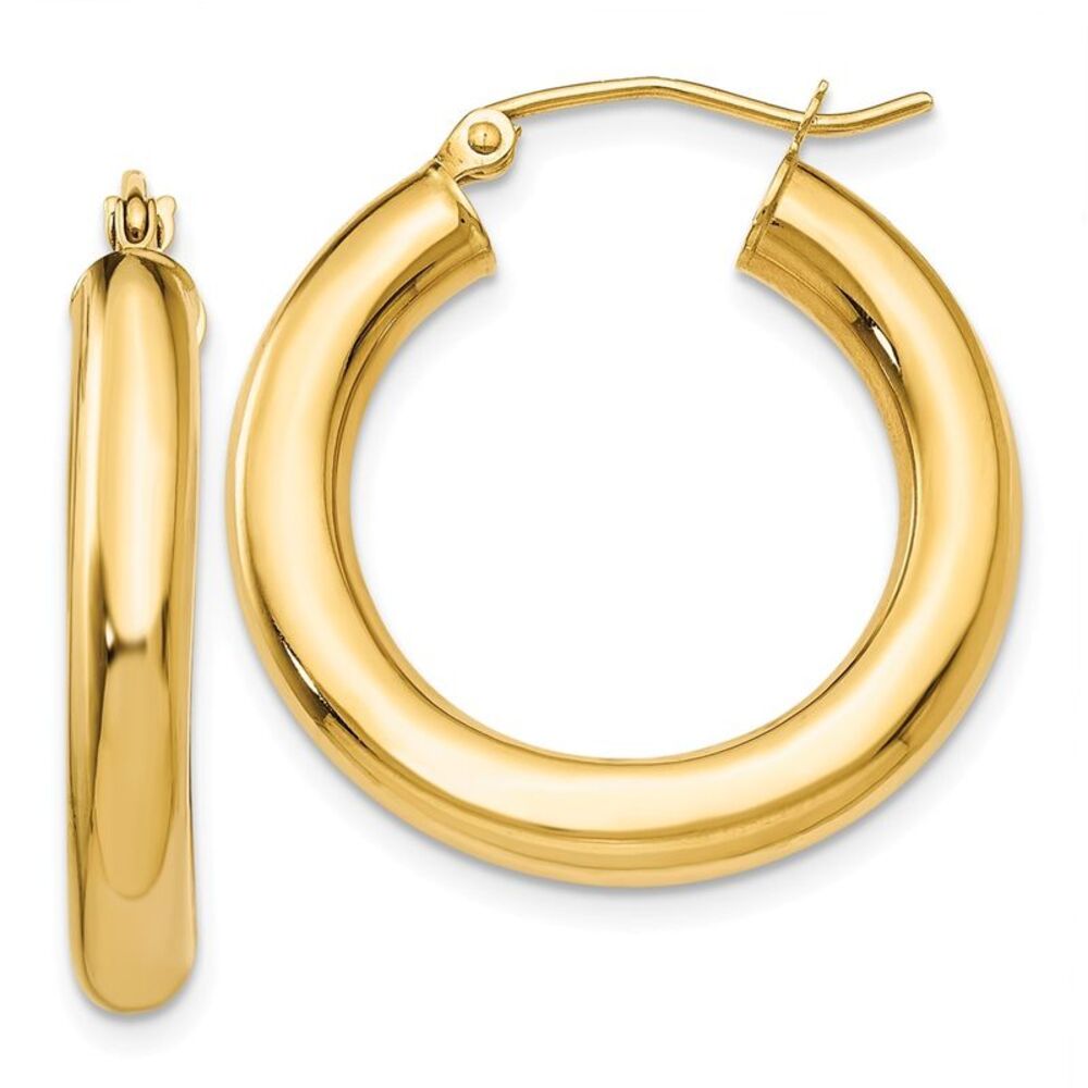 4mm, 14k Yellow Gold Classic Round Hoop Earrings, 25mm (1 Inch)